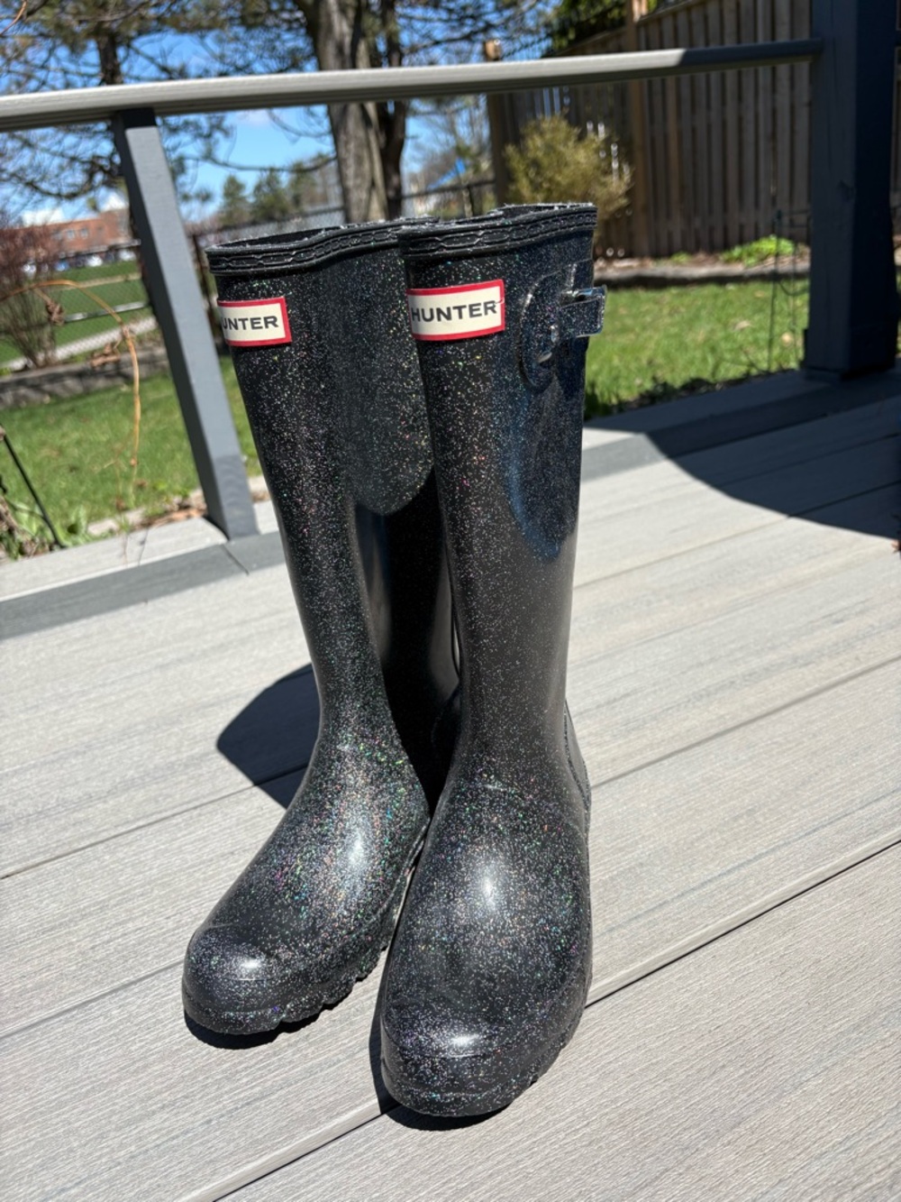 Hunter Rain Boot Black Glitter Mid-Calf Rain Boots